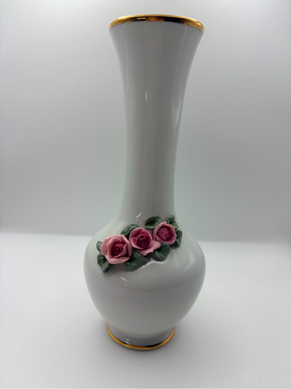 Vintage Dresden Germany Porcelain Vase 3D Pink Applied Roses Gold Trim